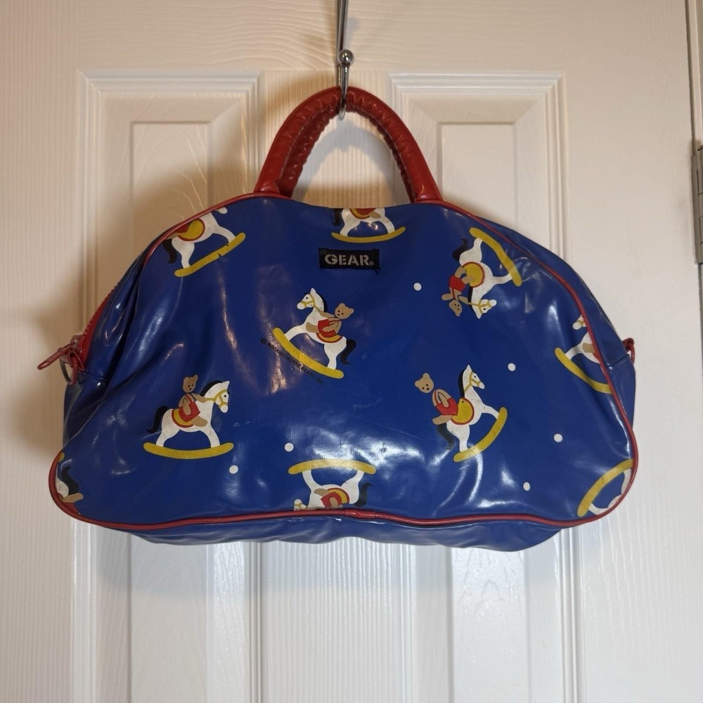 Vintage GEAR Inc Rocking Horse Bear Bag 1985 Red Blue Kid Youth Travel Zipper‎